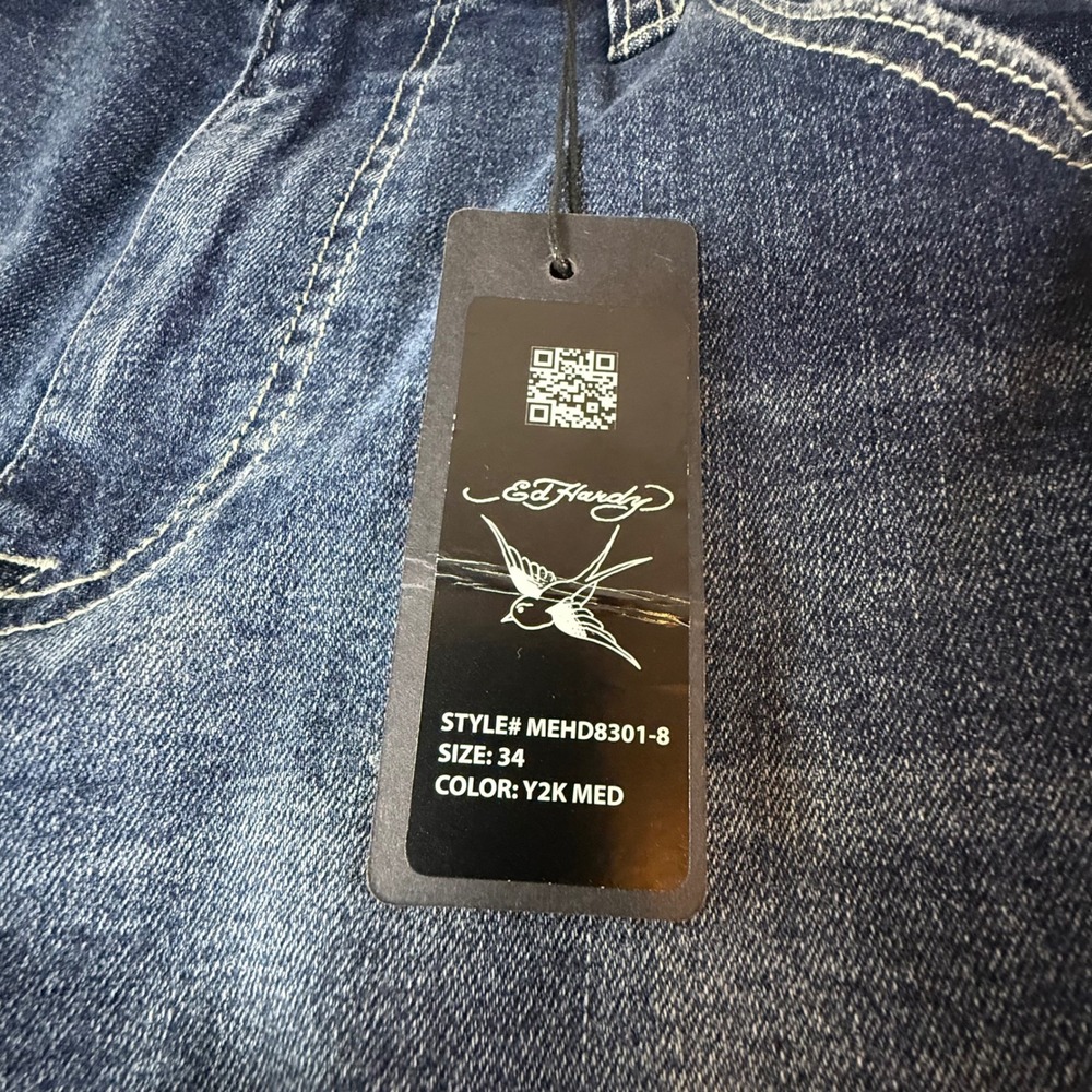 Ed Hardy Mens Slim Straight Embroidered Eagle Snake Jeans Blue 36 MEHD8301-8 NWT - Picture 3 of 11